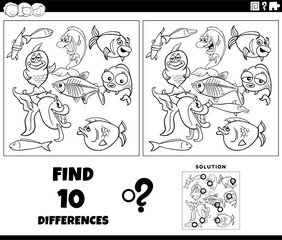 differences game with cartoon fish characters coloring page