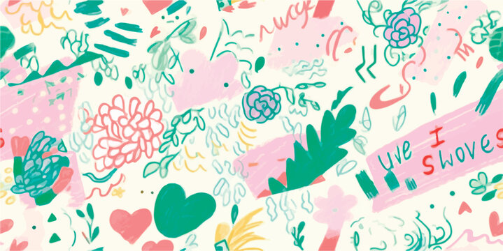 Colorful hand drawing pink green elements, flowers, shapes and text in the style of risograph native art, abstract psychedelic art, a pencil drawing, vector seamless pattern