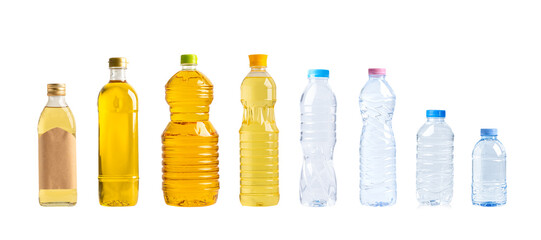 Vegetable oil with olive oil and water in different bottle for cooking isolated on white background with clipping path.
