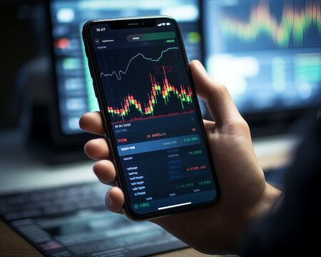Close up of hand holding smartphone with stock chart trading interface on blur background, Stock Market Exchange Trading Forex Investment Concept. Graphic interface showing stock market financial anal