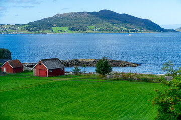 Fototapeta na wymiar Realistic view of northern fjords of Lofoten
