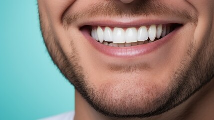 Fototapeta premium Beautiful man's smile with healthy white, straight teeth close-up on one tone background with space for text