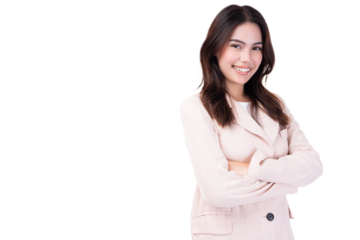 Successful business young women in pink suit with arms crossed and smile isolated over pink background Young business lady arms crossed self confident person worker friendly smile looking at camera