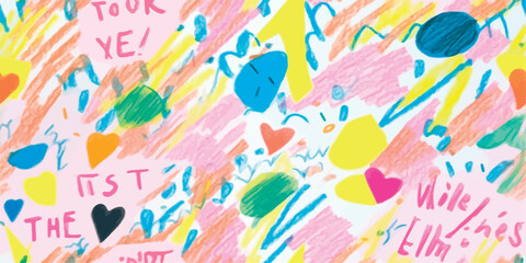 Colorful hand drawing pink blue elements, heart flowers, shapes and text in the style of risograph native art, abstract psychedelic art, a pencil drawing, vector seamless pattern