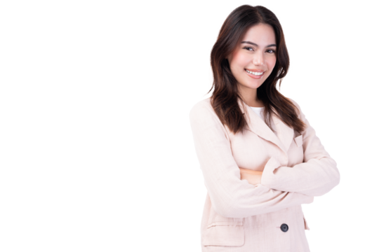 Successful business young women in pink suit with arms crossed and smile isolated over pink background Young business lady arms crossed self confident person worker friendly smile looking at camera