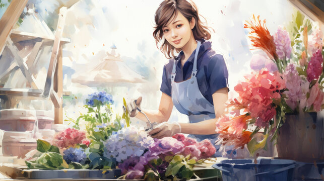 Watercolor, drawing, painting of woman cutting and preparing a beautiful bouquet of flowers in her small florist business. Working woman concept created by AI