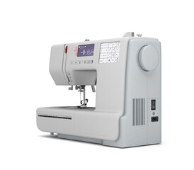 Concept atelier, fashion studio, fashion designer, tailor white sewing machine perspective view 3d render on white