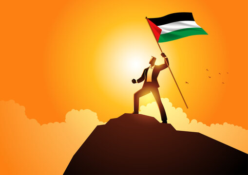 Silhouette of man figure holding the flag of Palestine on top of a mountain, vector illustration