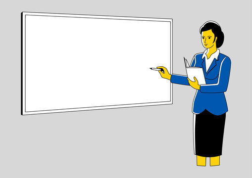 Line art illustration of a female teacher teaching in front of the class room, vector illustration