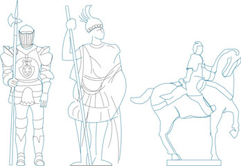 Vector sketch illustration of vintage classic ethnic statue design of warrior with weapons