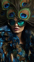 Young girls in beautiful fashionable clothes in peacock plumage colors, exotic bird and high fashion, fashion magazine cover