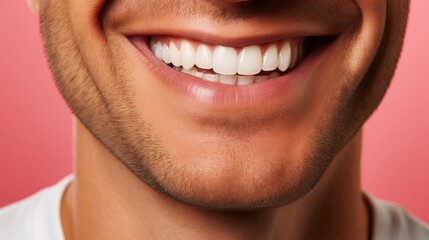 Fototapeta premium Beautiful man's smile with healthy white, straight teeth close-up on one tone background with space for text