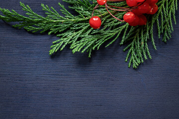 Christmas celebration concept with red winter berries and thuja branch on dark blue wooden...