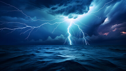 Spectacular lightning storm over an open ocean. - obrazy, fototapety, plakaty