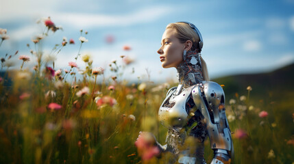 A beautiful blonde cybernetic woman in a spring meadow full of flowers.