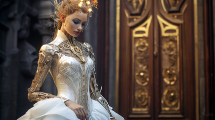 A beautiful bride wearing a cybernetic futuristic dress alone in a ancient church.