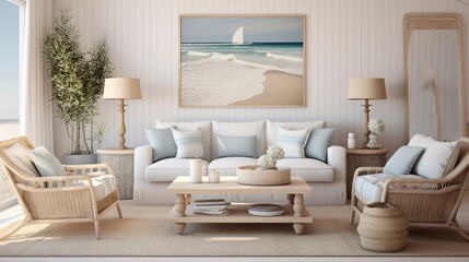 Fototapeta na wymiar a coastal-inspired sitting area with light hues natural materials and nautical decor capturing the essence of seaside living