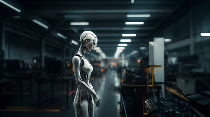 A futuristic half-human cyborg working in a dark factory.