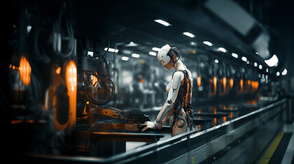 A futuristic half-human cyborg working in a dark factory.