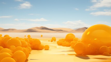 a group of yellow balls on a beach - obrazy, fototapety, plakaty