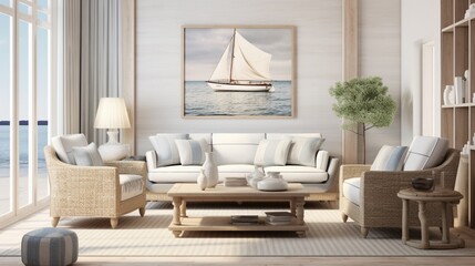 Obraz premium a coastal-inspired sitting area with light hues natural materials and nautical decor capturing the essence of seaside living