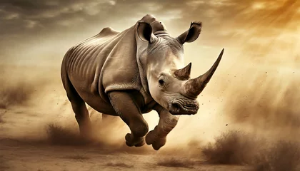 Schilderijen op glas Action shot of a beautiful large white or grey rhino as he runs quickly through the savannah, raising the dust on the ground. © Alberto Masnovo