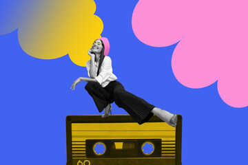 Image collage sketch of dreamy charming girl listening lyrics song tape recorder cassette isolated...