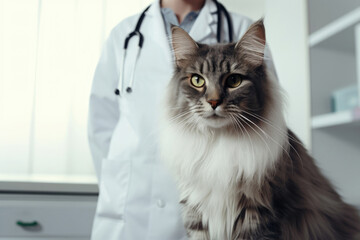 Veterinary cat examination in medical clinic. Vet male man doctor holding pet kitten