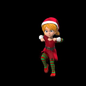 3d Animated Cartoon Blonde Elf Girl With Red-Green Dress And Red Santa Cap Dancing Happily In Transparent Background.