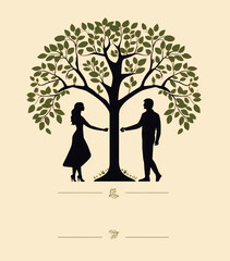 Romantic silhouette of loving couple in garden of eden under big tree. Valentines Day