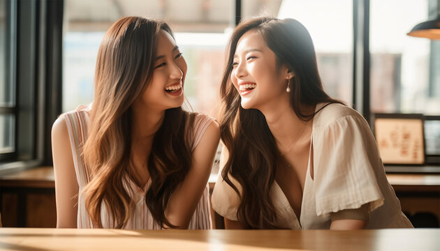 Two millennial girl friends at home on the sofa talking, drinking coffee, discussing. Diverse friends spending fun time together and laughing, chat and talk. Asian and Caucasian model.
