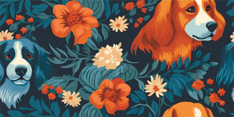 Cute cartoon spring summer dogs and flowers. Vector print pet in garden. Floral seamless pattern