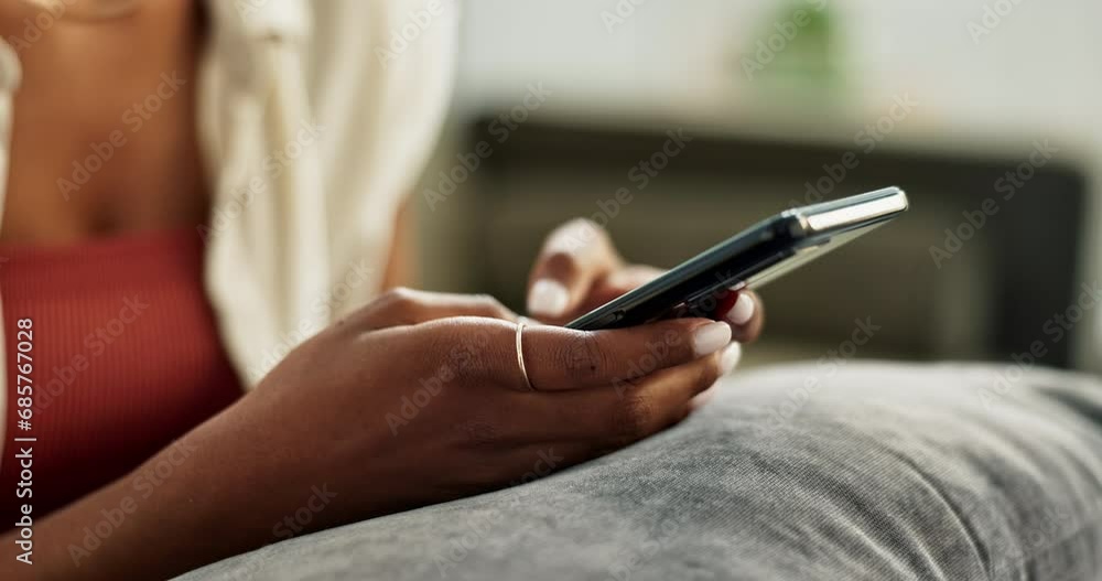 Poster hands, woman and typing on smartphone in home, reading social network notification and update multim