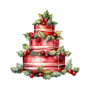 watercolor christmas cake with holly and berries. AI generated image