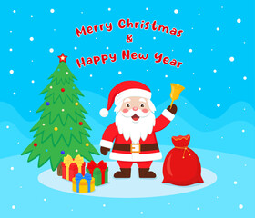 Cute Santa Claus with gift boxes and New year tree. Merry Christmas and New Year design. Color vector illustration in cartoon flat style.	