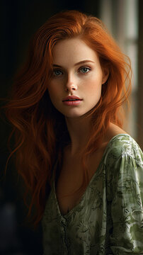 Portrait of a young 18 years old woman with red hair , green eyes and freckles