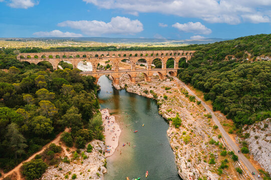 Aerial view of Roman Aqueduct, Pont du Gard France