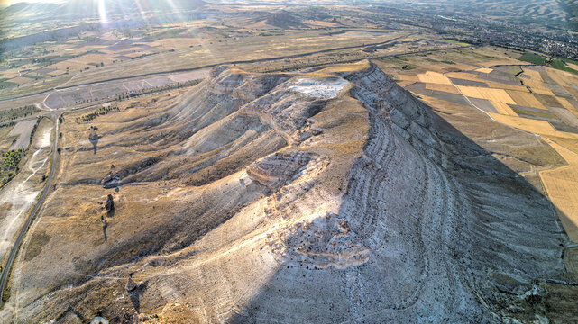 Panoramic view of fairy chimneys in Goreme Historical National Park. Goreme National Park and Rock Sites of Cappadocia, Central Anatolia, Nevsehir Province, Turkey. drone view. Ariel from above, top
