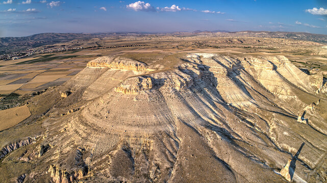 Panoramic view of fairy chimneys in Goreme Historical National Park. Goreme National Park and Rock Sites of Cappadocia, Central Anatolia, Nevsehir Province, Turkey. drone view. Ariel from above, top