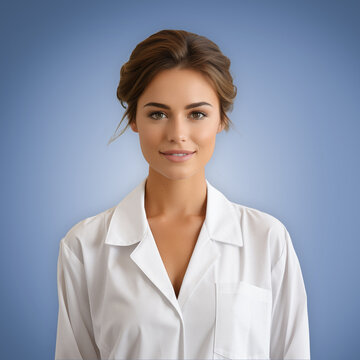 Beautiful friendly brunette woman Nurse with white work clothes shirt portrait isolated on blue background. dental assistant, dentist hospital caretaker doctor female specialist generative ai