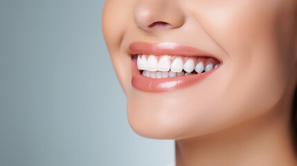 Fototapeta premium Beautiful woman's smile with healthy white, straight teeth close-up on one tone background with space for text