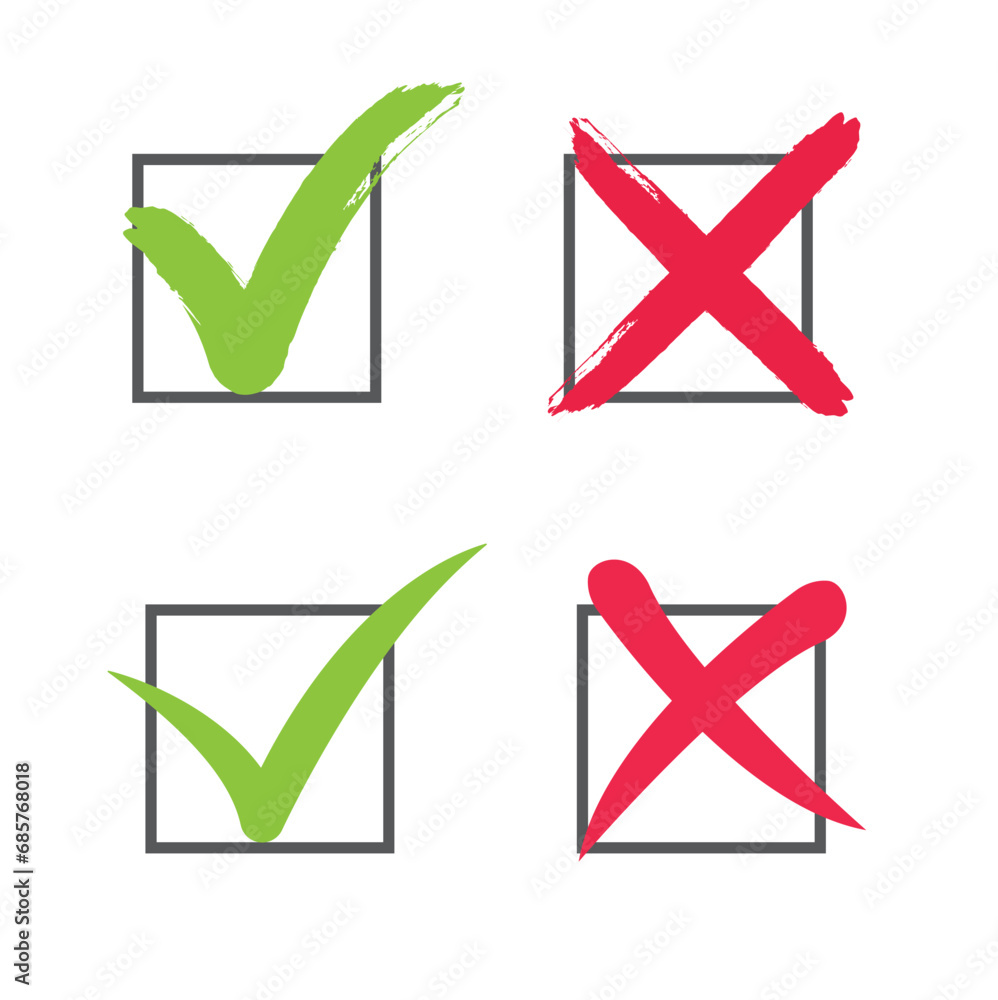 Poster green check and red cross symbols, squared vector signs. element of web icon for mobile concept and 