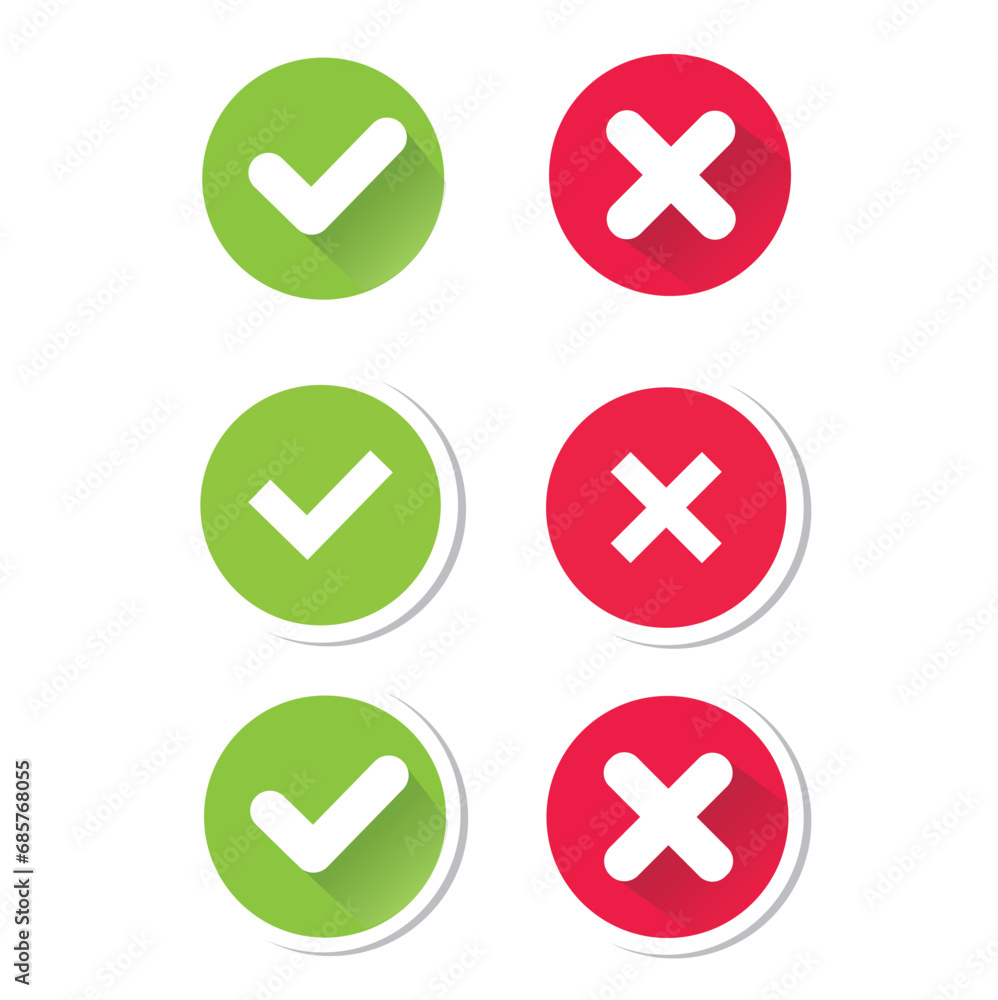 Aufkleber green check and red cross symbols, squared vector signs. element of web icon for mobile concept and 
