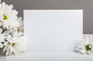White chrysanthemums, daisies and a card on a white table. Congratulations, invitation, certificate, message. Mockup.