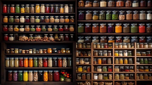 A fully stocked pantry with neatly arranged shelves showcasing a variety of colorful spices, grains, and canned goods.