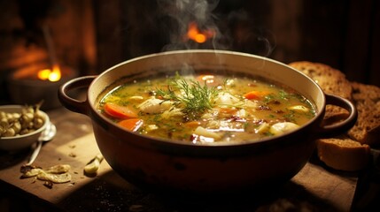 A bowl of homemade soup simmering on a stove, filling the kitchen with warmth and savory scents.