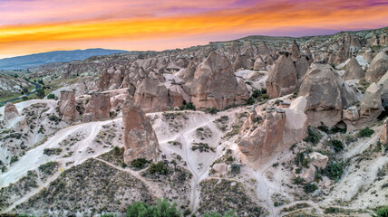 Panoramic view of fairy chimneys in Goreme Historical National Park. Goreme National Park and Rock...
