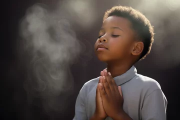 Fotobehang Pan African Boy Praying - Clasped Hands - Mist - Fog - Light of God Shining Down © ana