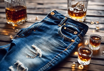Dettagli Distillati- Pantaloni Jeans, Misura e Whiskey su Tavolo di Legno