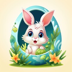 Cute cartoon bunny sitting in an Easter egg on a white background. Fun Easter illustration for children